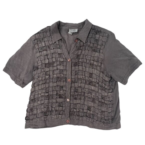 Vintage 90s Country Wear Casuals Cottagecore Fairy Taupe Floral Weave Shirt / XL - Picture 4 of 9